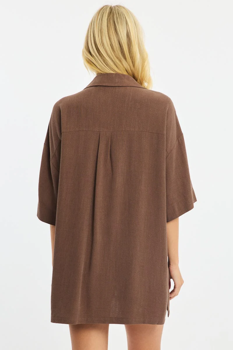 Brown Relaxed Shirt Short Sleeve Collared Linen Blend - Image 4