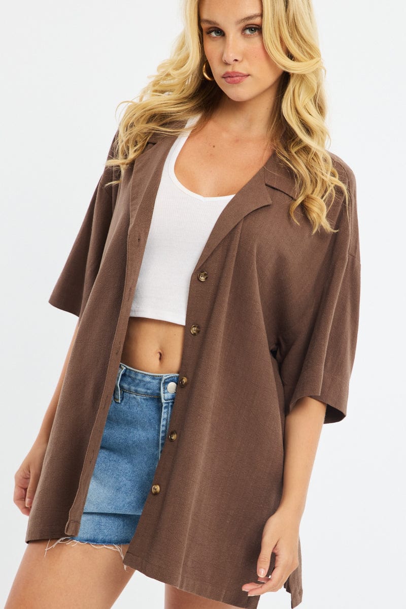 Brown Relaxed Shirt Short Sleeve Collared Linen Blend - Image 5