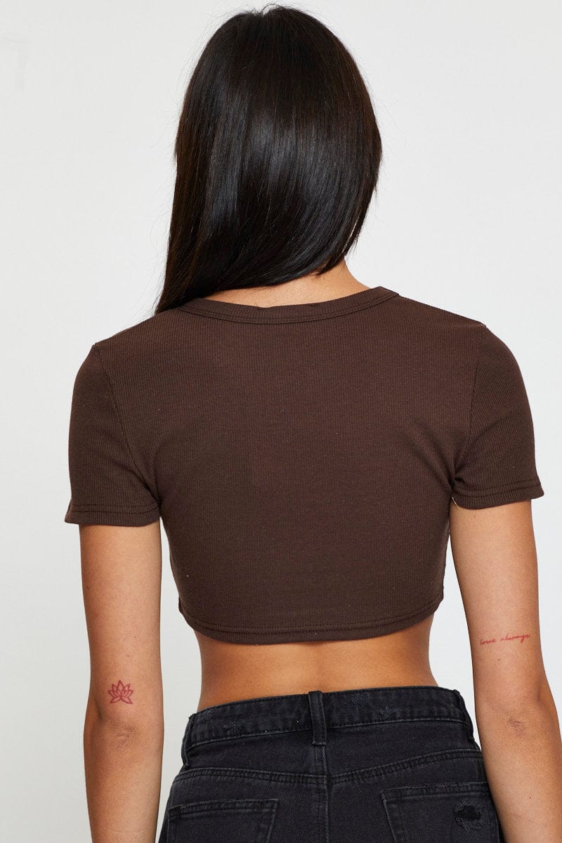 Brown Rib Crop Top Short Sleeve - Image 5