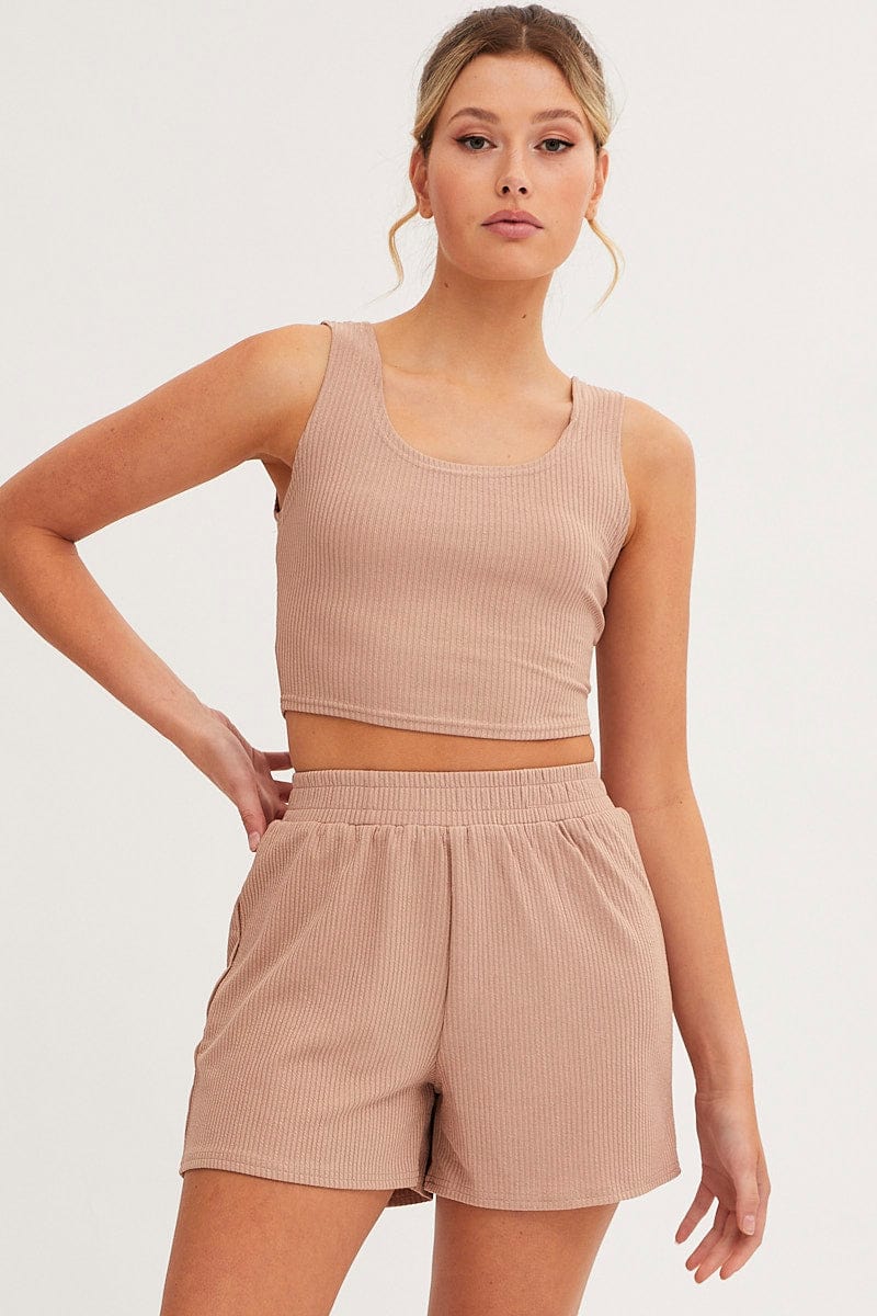 Brown Rib Jersey Crop And Shorts Set - Image 3