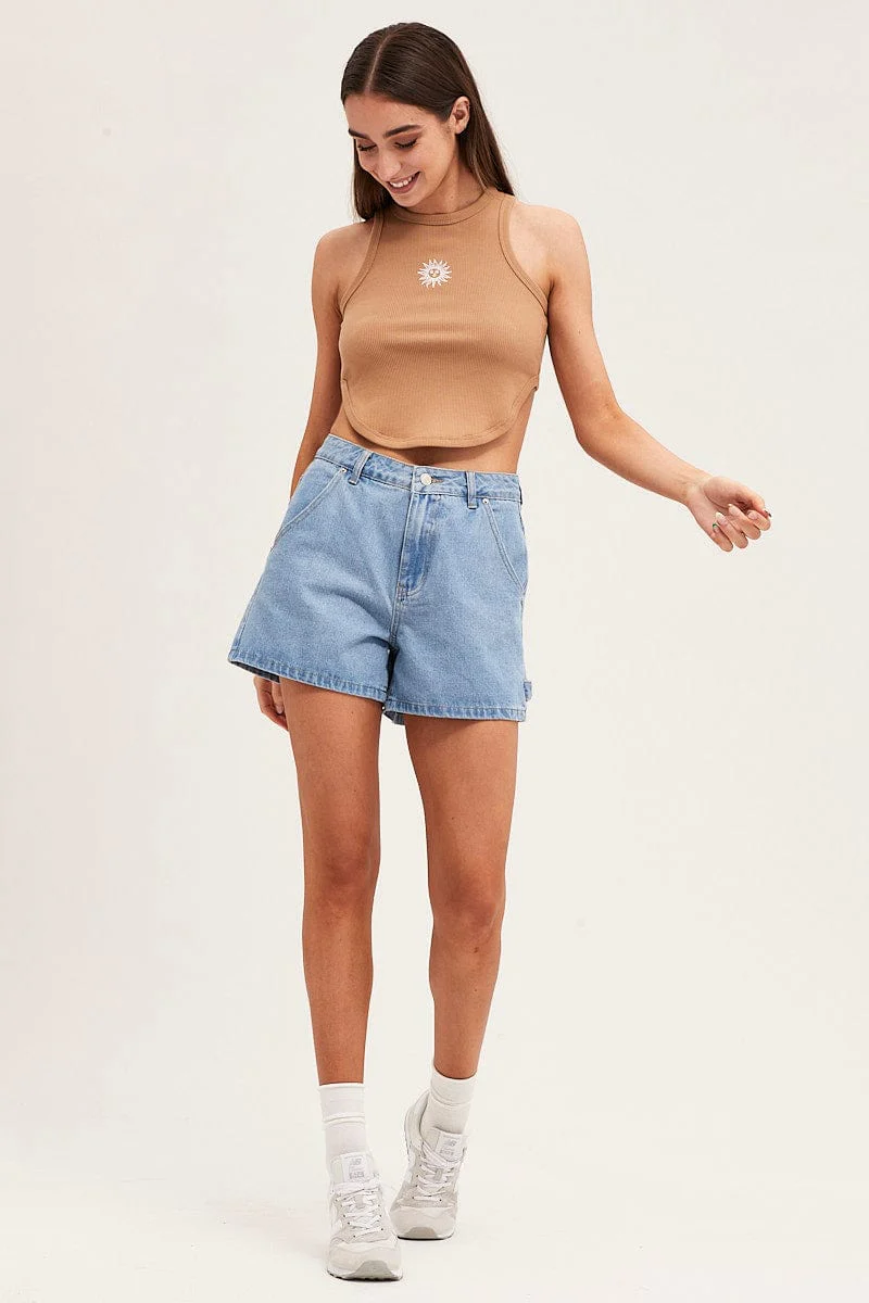 Brown Rib Jersey Embroidered Graphic Curved Hem Tank - Image 2