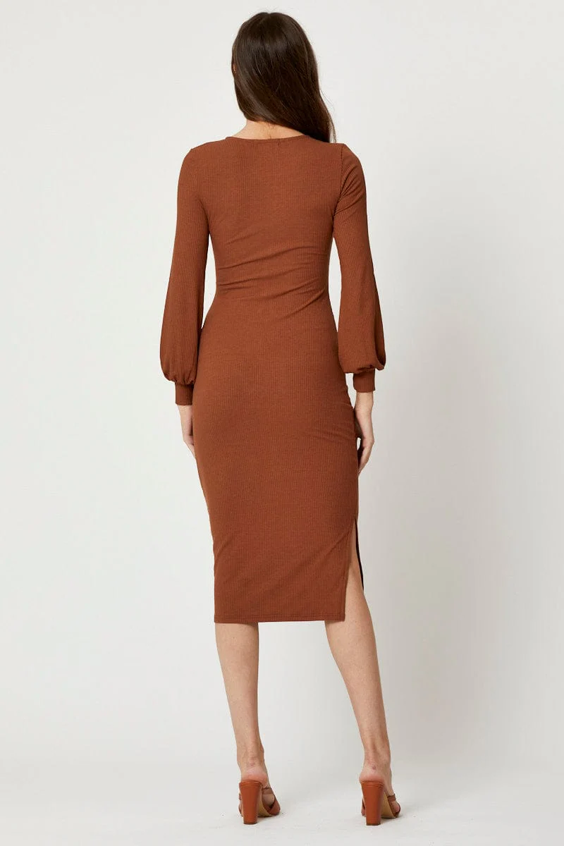 Brown Ribbed Drawstring Midi Dress - Image 4