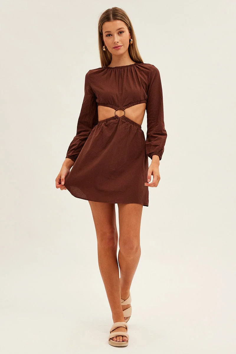 Brown Ring Detail Linen Dress - Image 2