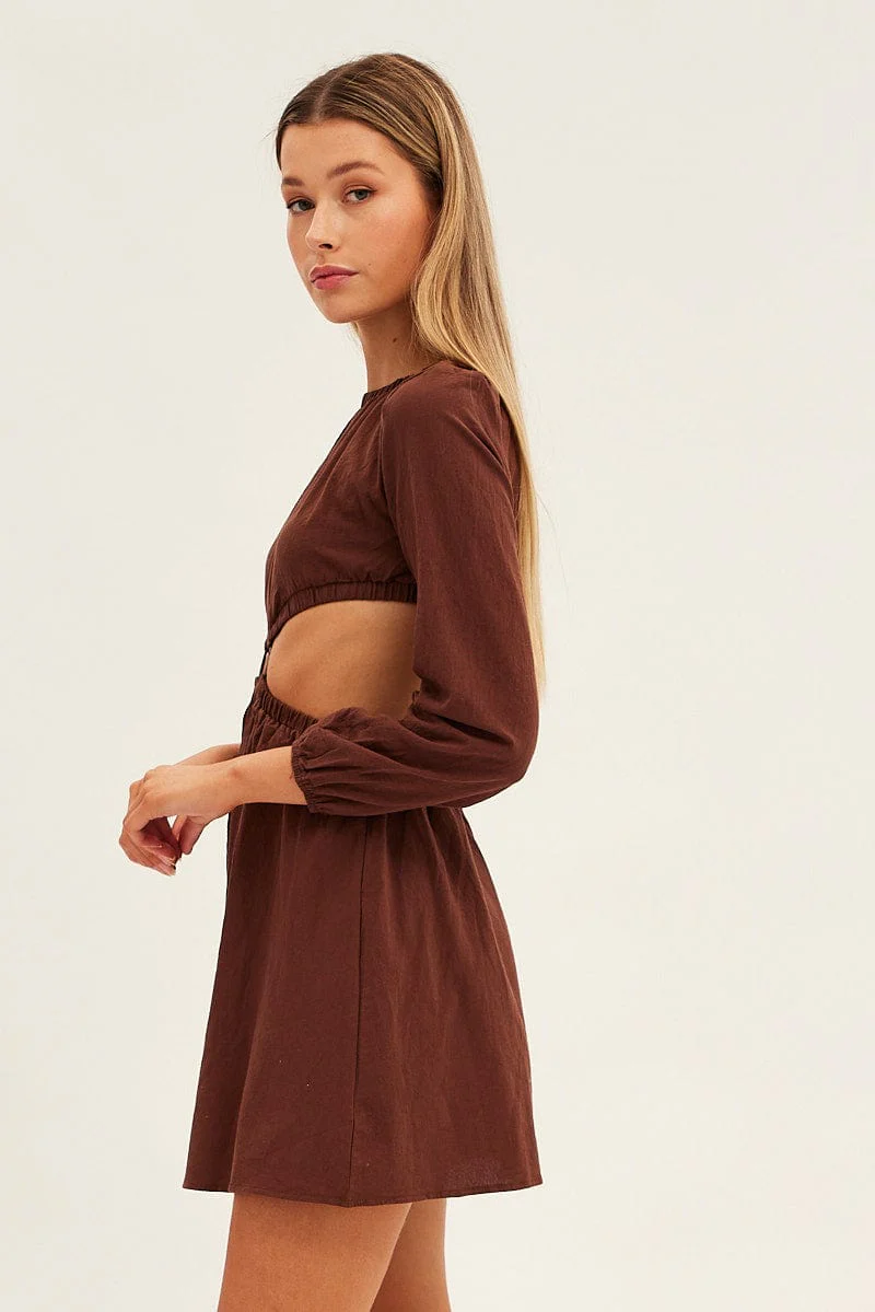 Brown Ring Detail Linen Dress - Image 4