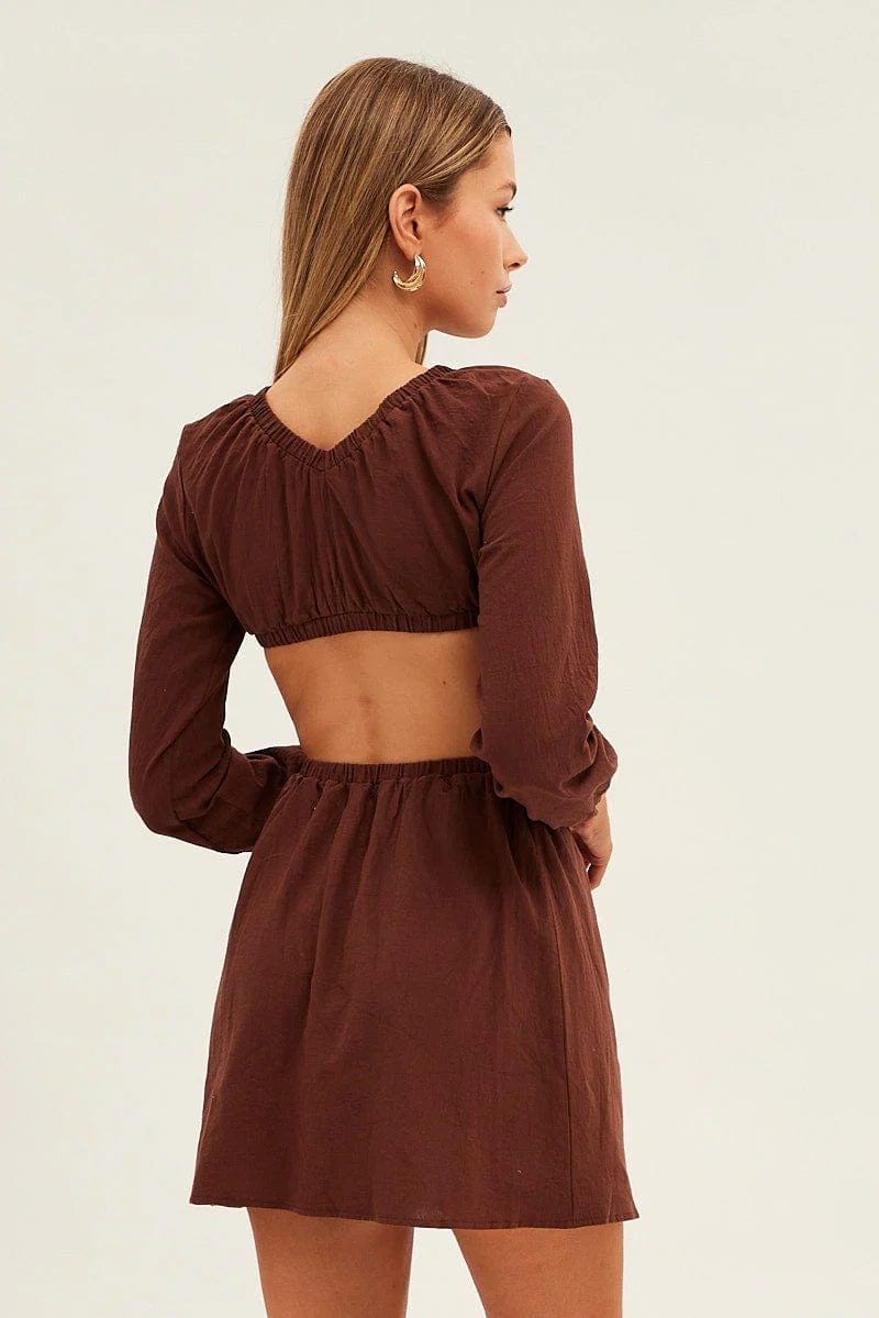 Brown Ring Detail Linen Dress - Image 5