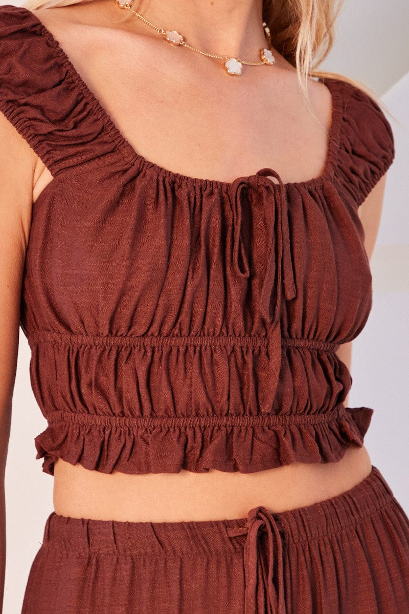 Brown Ruched Top Short Sleeve Linen Blend - Image 6