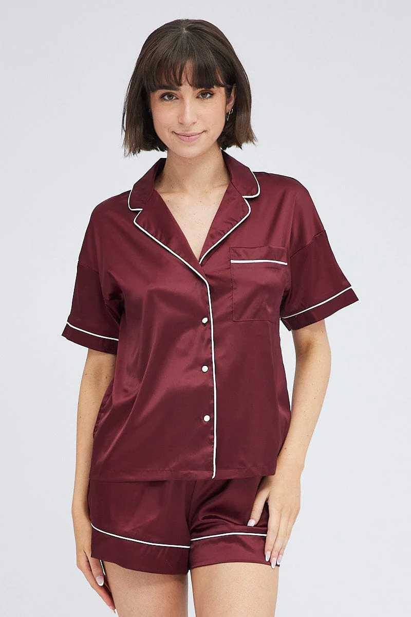 Brown Satin Pj Piping Button Through Pyjama Set - Image 3