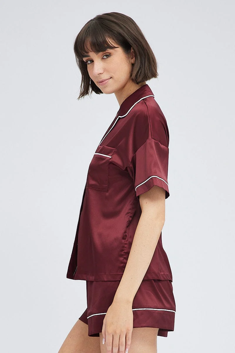 Brown Satin Pj Piping Button Through Pyjama Set - Image 4