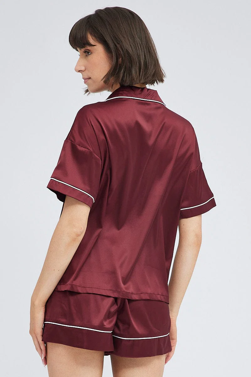 Brown Satin Pj Piping Button Through Pyjama Set - Image 5