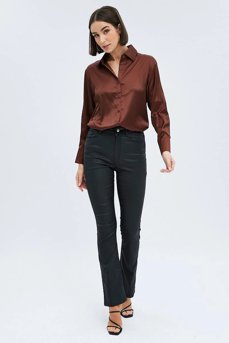 Brown Satin Shirt Long Sleeve Collared Neck - Image 2