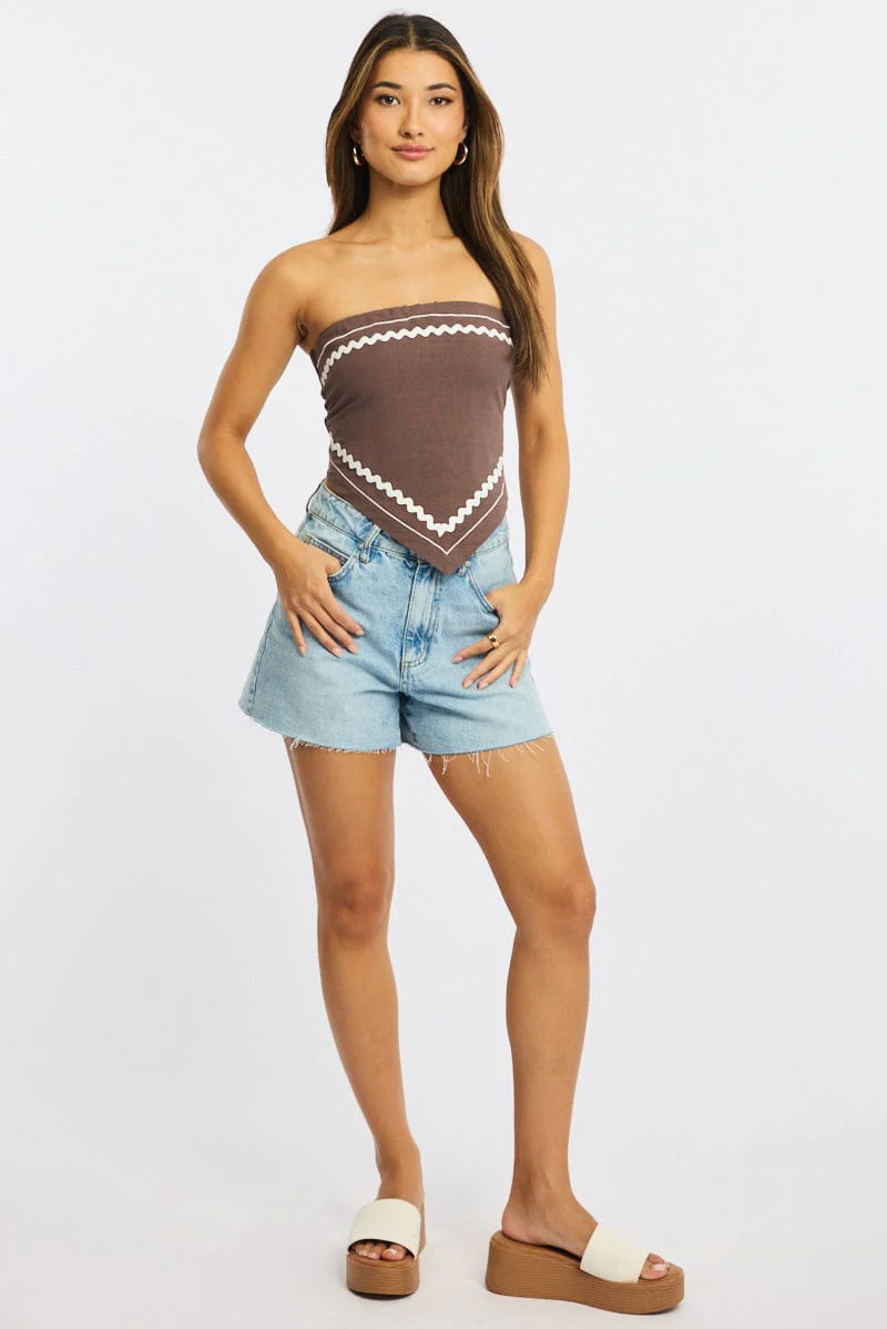 Brown Scarf Top Sleeveless Bandeau Linen Blend Ric Rac - Image 2