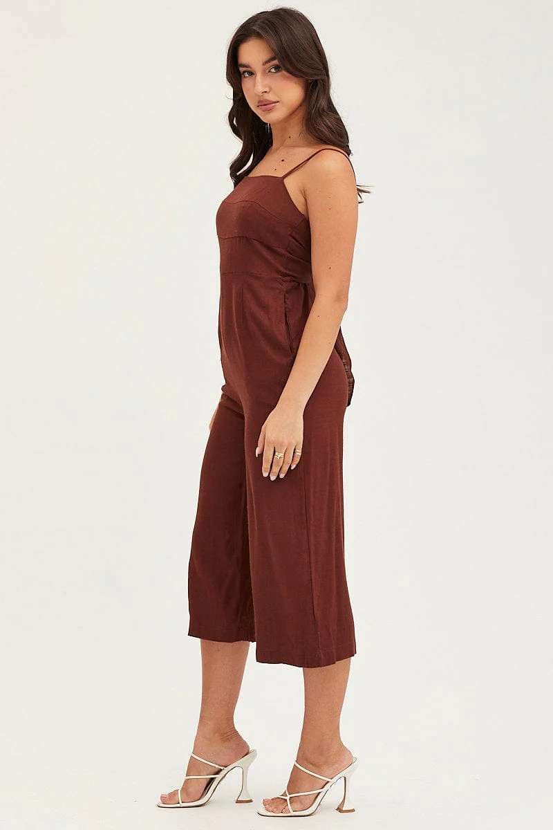 Brown Sleeveless Tie Back Jumpsuit Linen Blend - Image 4