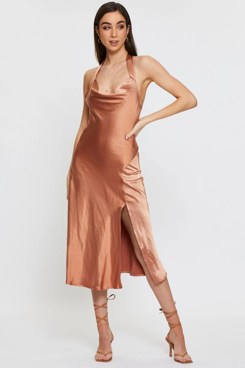 Brown Slip Dress Midi Satin - Image 3