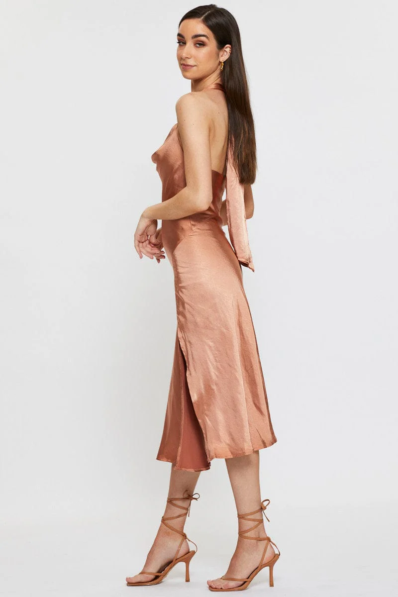 Brown Slip Dress Midi Satin - Image 4