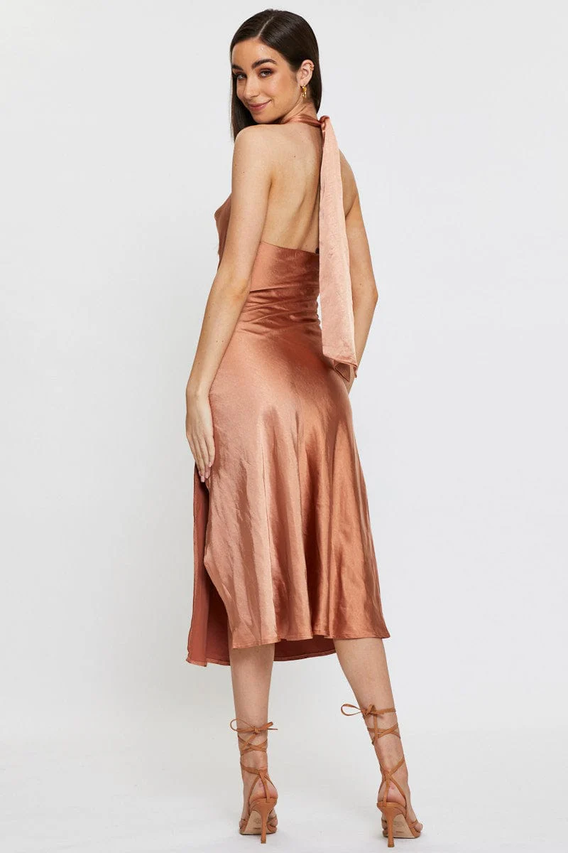 Brown Slip Dress Midi Satin - Image 5