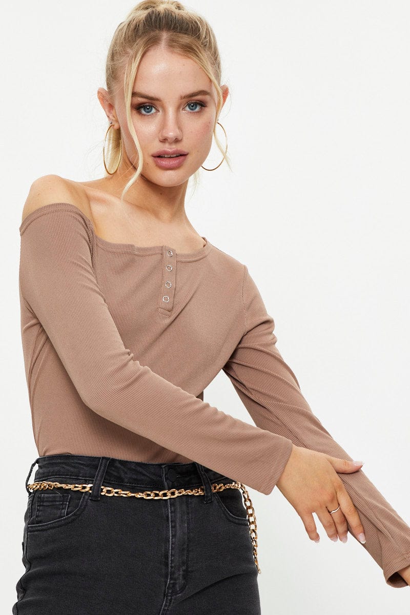 Brown Snap Button Off Shoulder Knit - Image 2