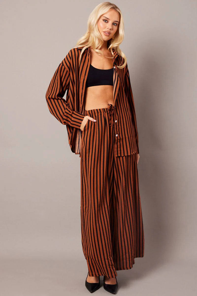 Brown Stripe Wide Leg Pants High Rise - Image 2