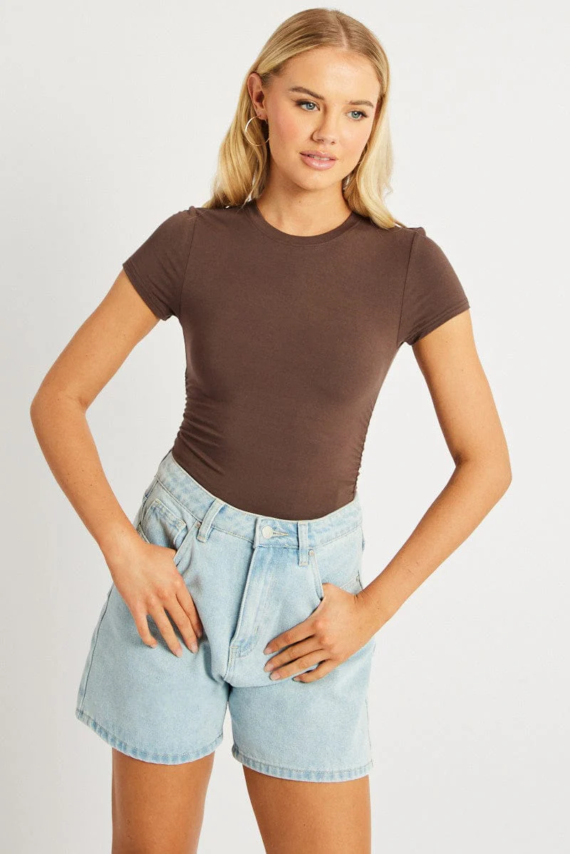 Brown T Shirt Short Sleeve Crew Neck Modal - Image 3