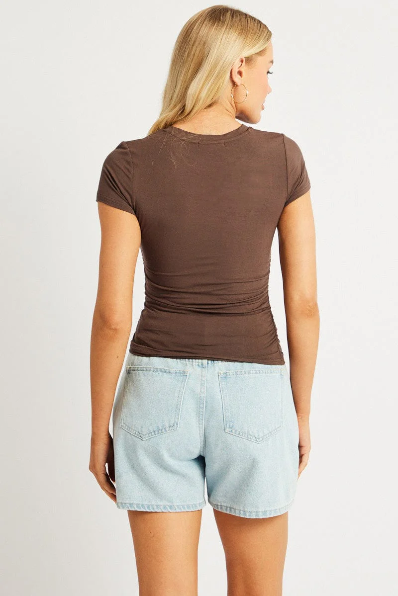 Brown T Shirt Short Sleeve Crew Neck Modal - Image 5