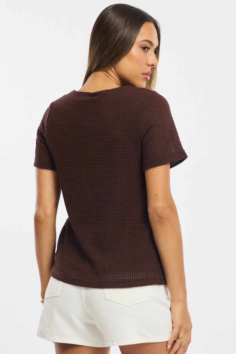 Brown Tie Up Top Textured Short Sleeve - Image 4