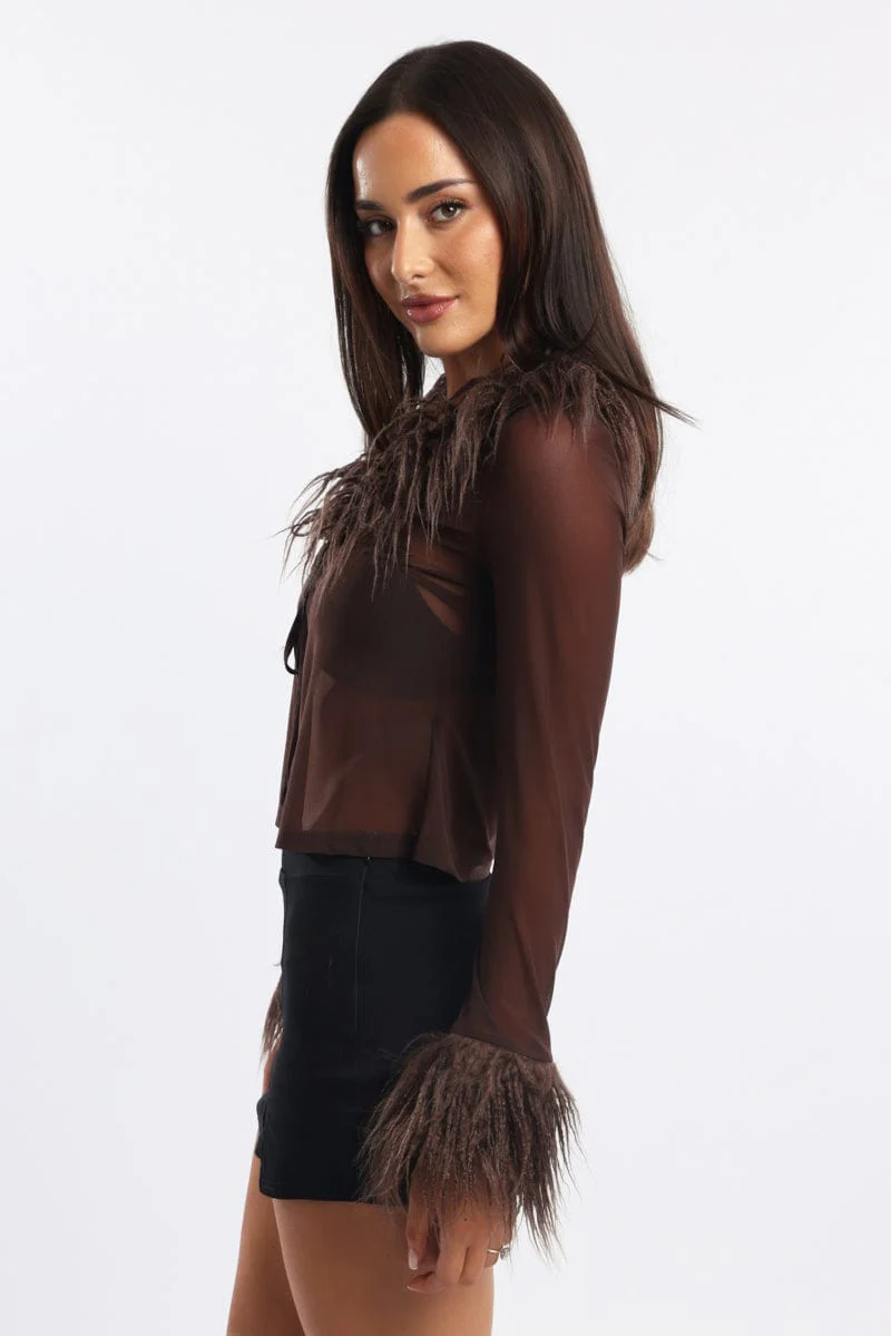 Brown Top Faux Fur Neckline And Cuff - Image 3