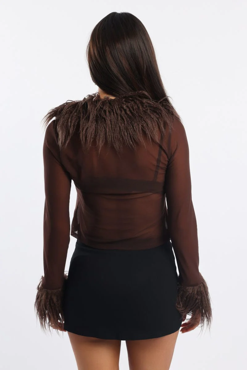 Brown Top Faux Fur Neckline And Cuff - Image 4