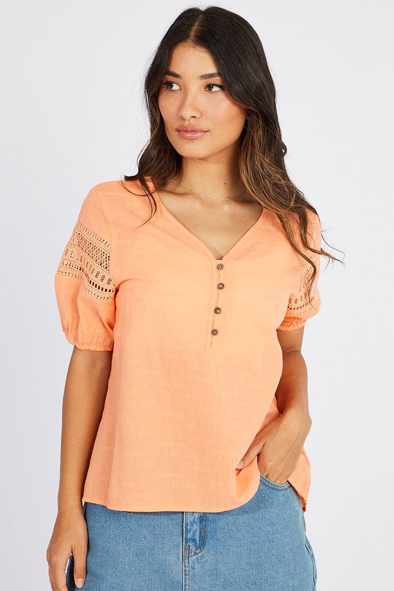 Brown Top lace details sleeve texture cotton - Image 3
