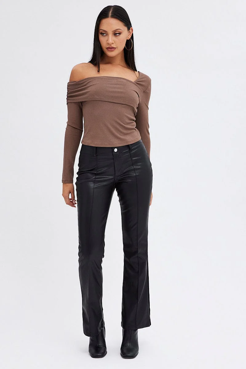 Brown Top One Shoulder Long Sleeve Rib - Image 2