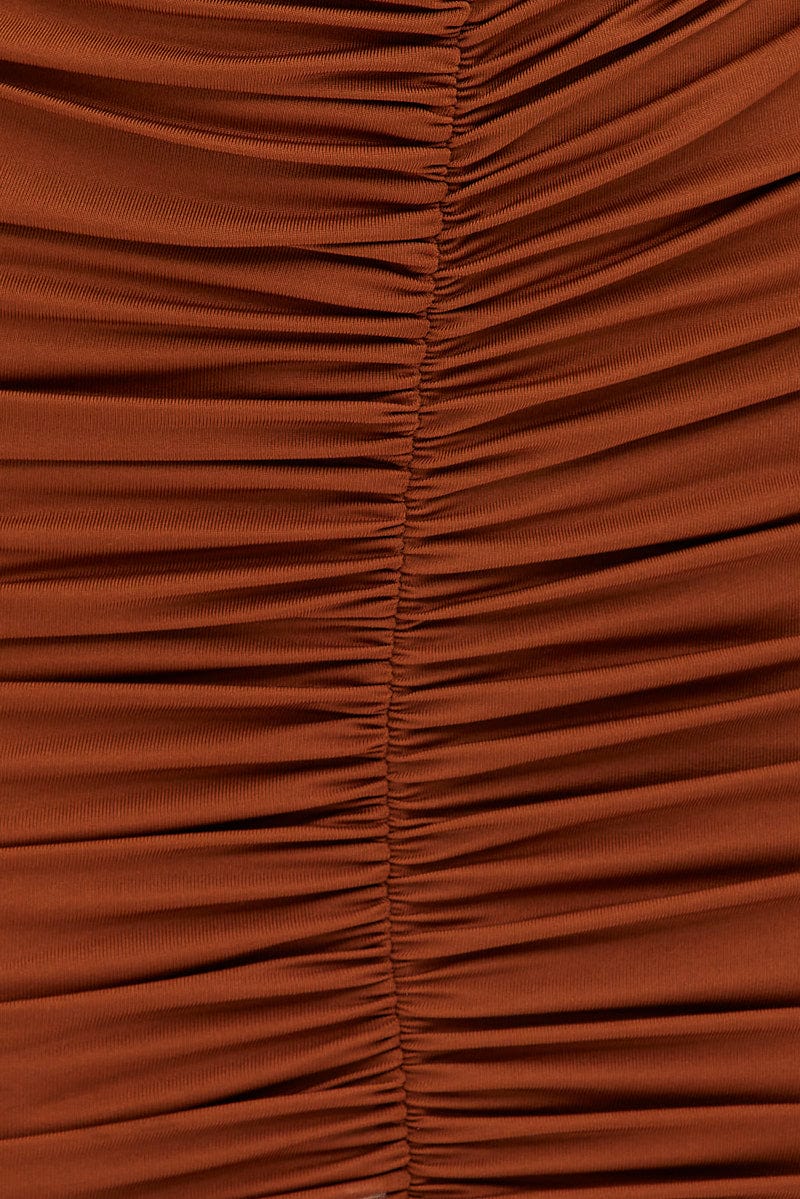 Brown Twist Front Ruched Bodycon Dress - Image 6