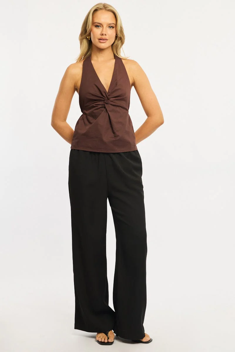 Brown Twist Halter Top Sleeveless Cotton Poplin - Image 2