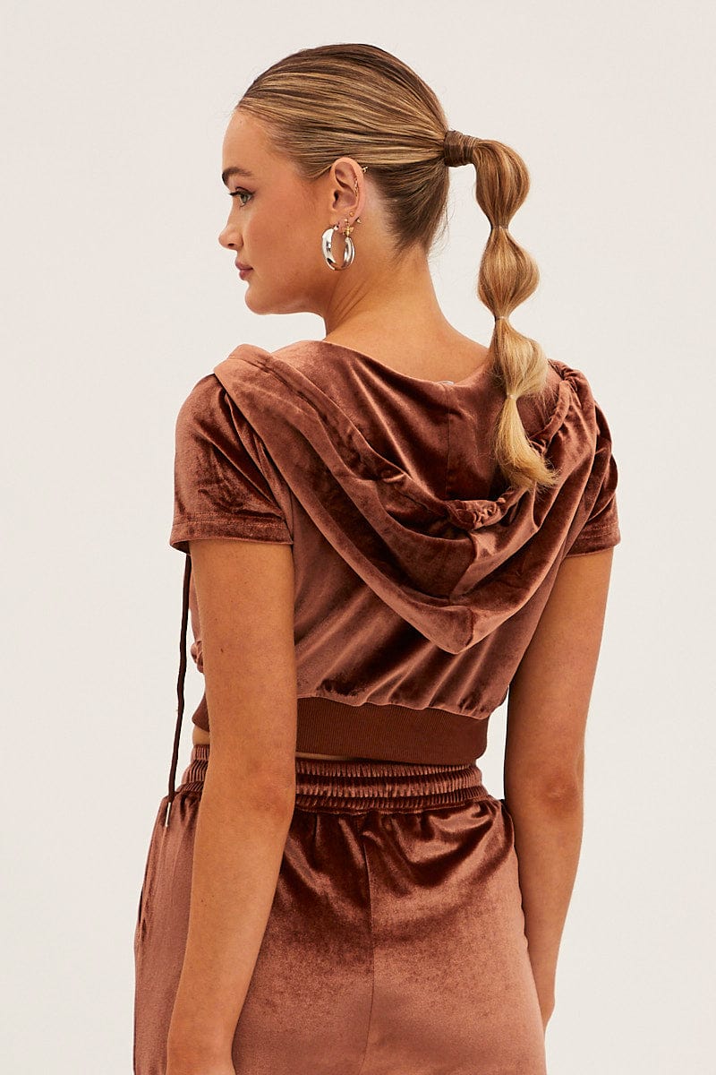 Brown Velour Short Sleeve Zip Lounge Hoodie - Image 5