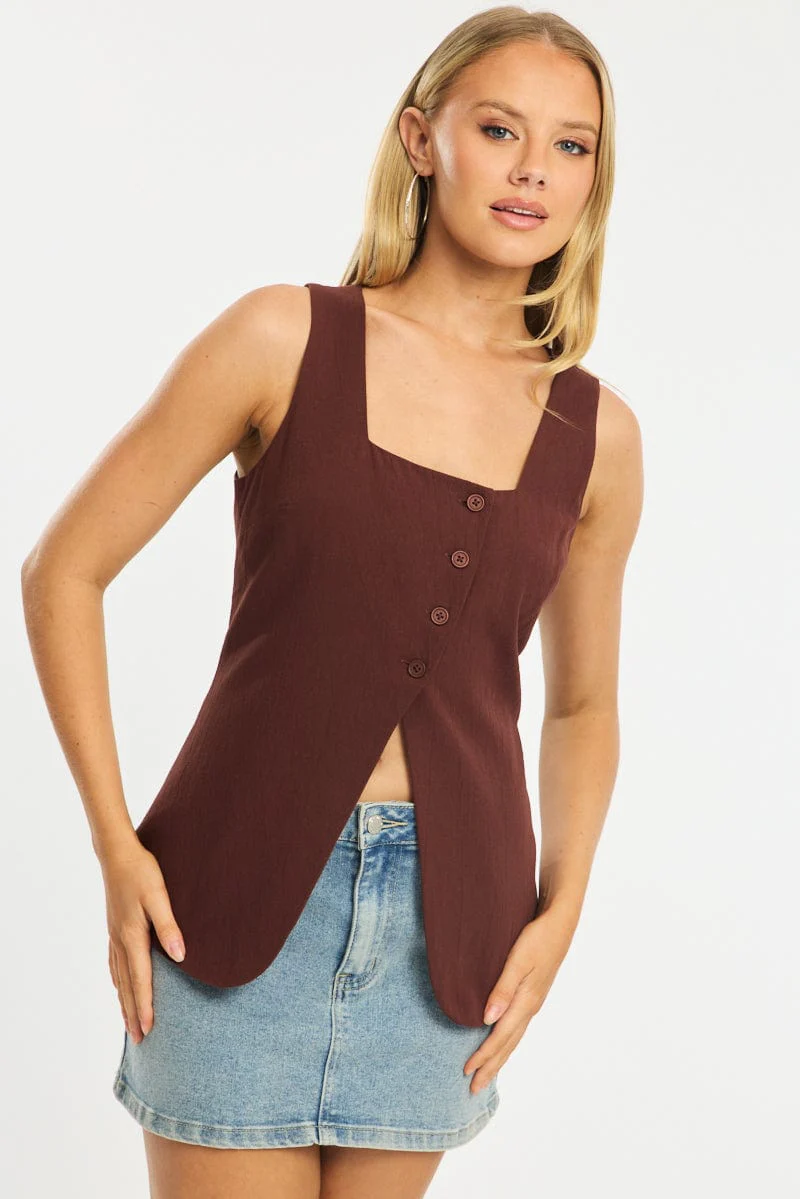 Brown Vest Button Down Sleeveless