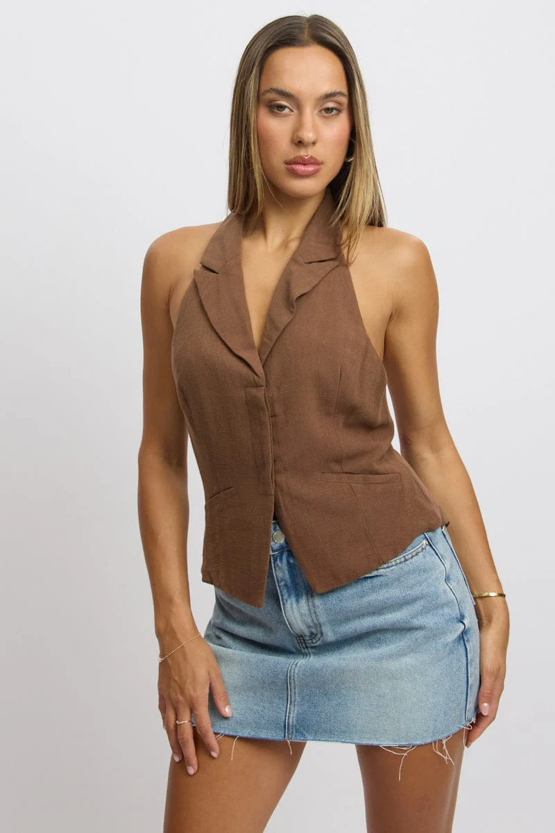 Brown Vest Top V Neck Halter Neck Open Back - Image 3