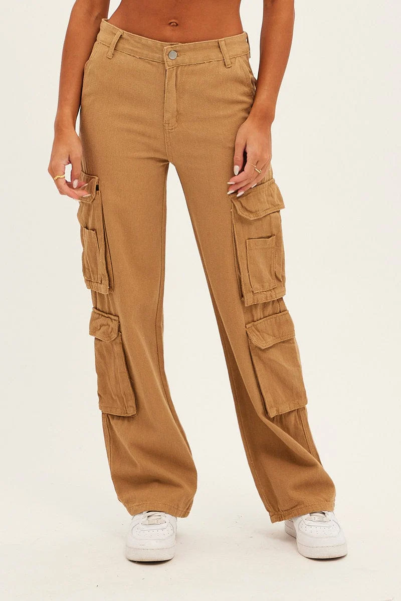 Brown Wide Leg Denim Cargo Pants - Image 2