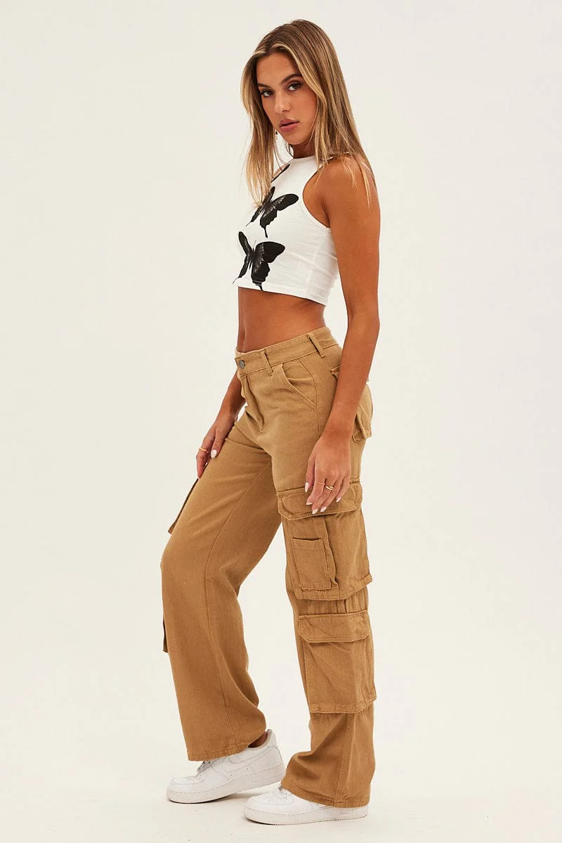 Brown Wide Leg Denim Cargo Pants - Image 4