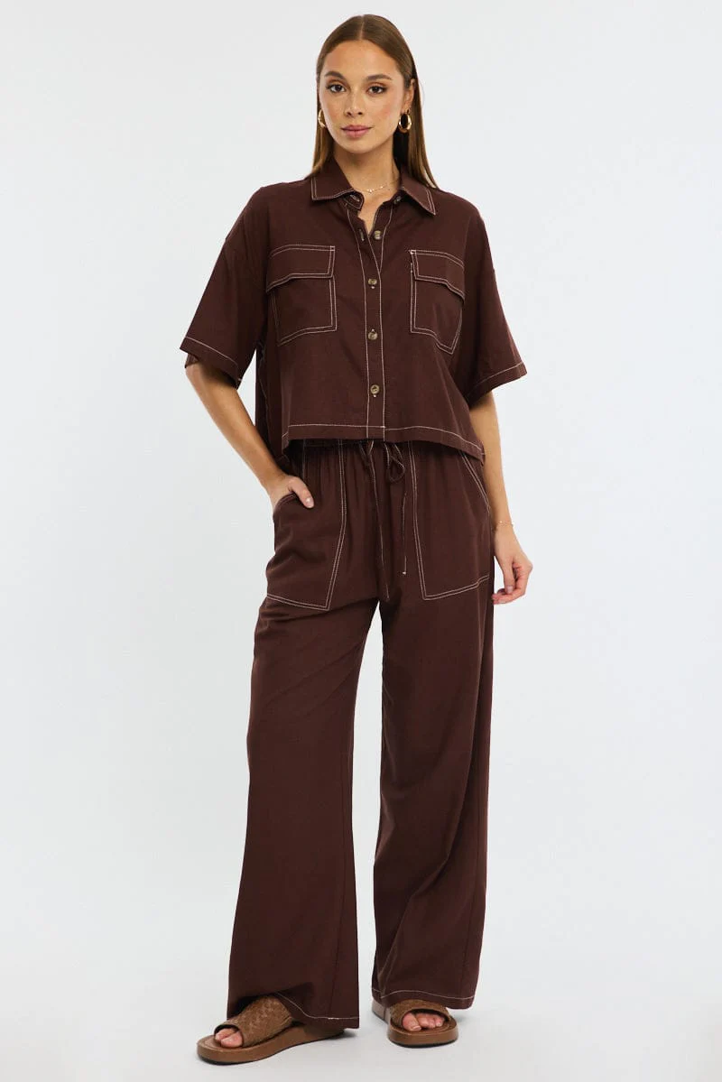 Brown Wide Leg Pants Contrast Stitch
