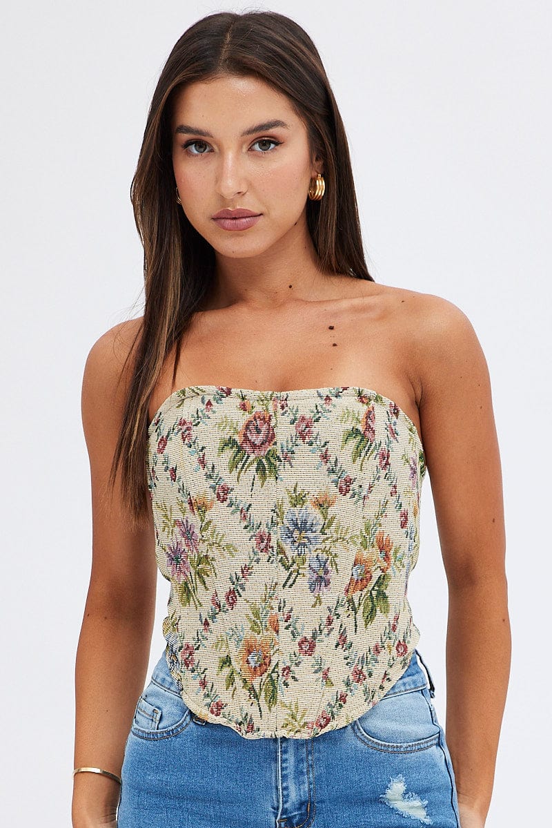 Camel Floral Corset Sleeveless Strapless Sweetheart Longline - Image 3