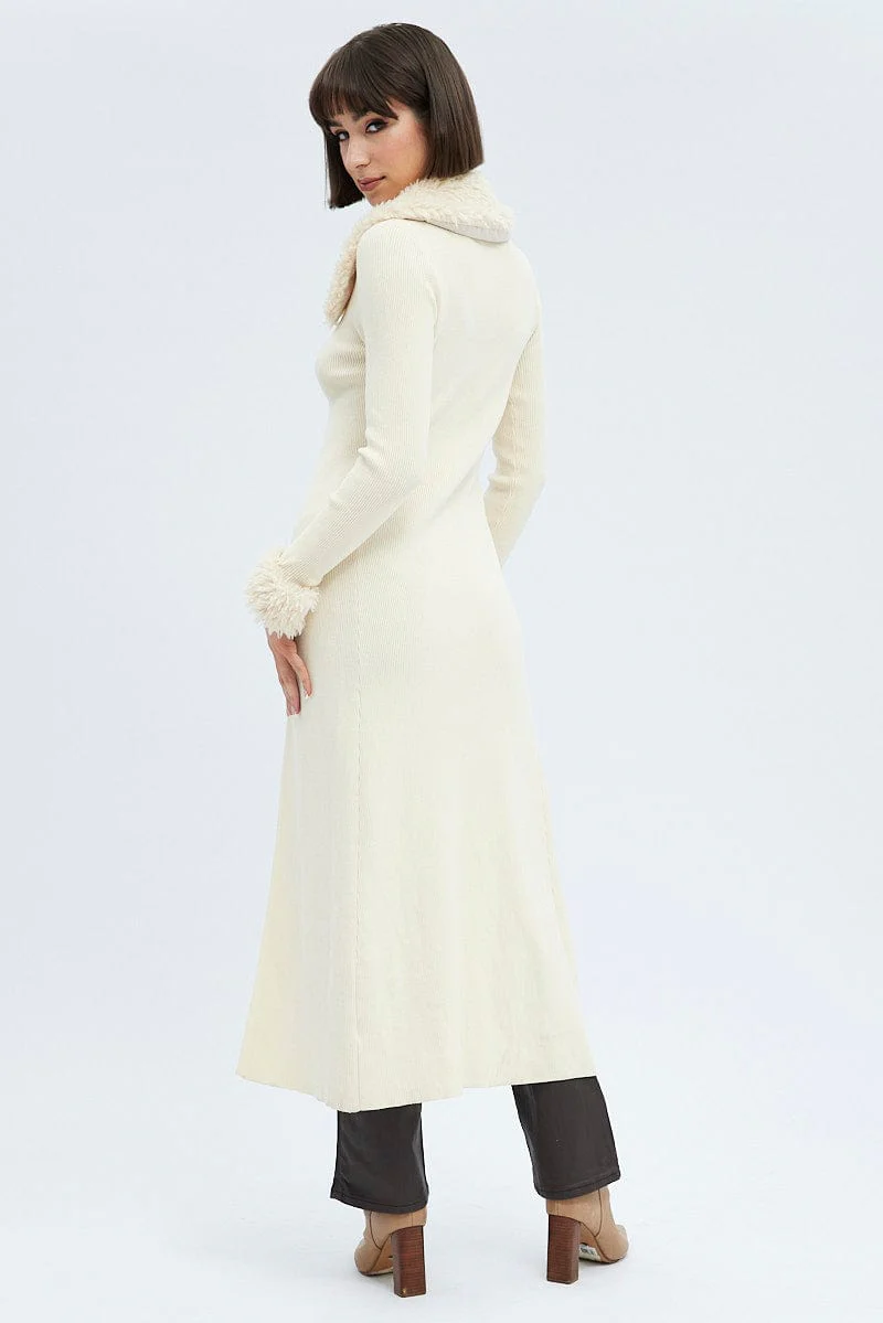 Camel Longline Knit Cardigan Faux Fur Trim Ribbed - Image 5