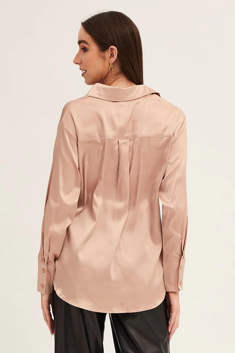 Camel Neutral Satin Shirt Long Sleeve Collared Longline - Image 5