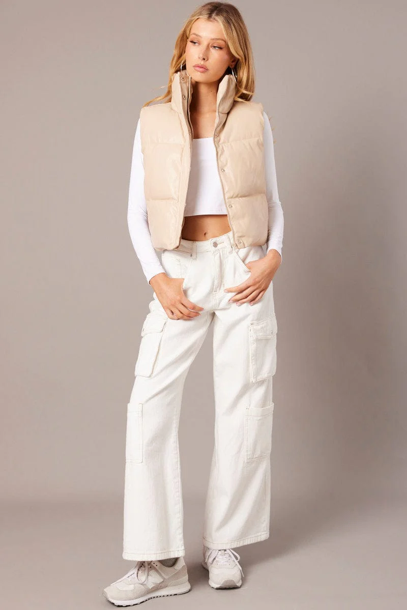 Camel Puffer Zip Sleeveless Faux Leather - Image 2