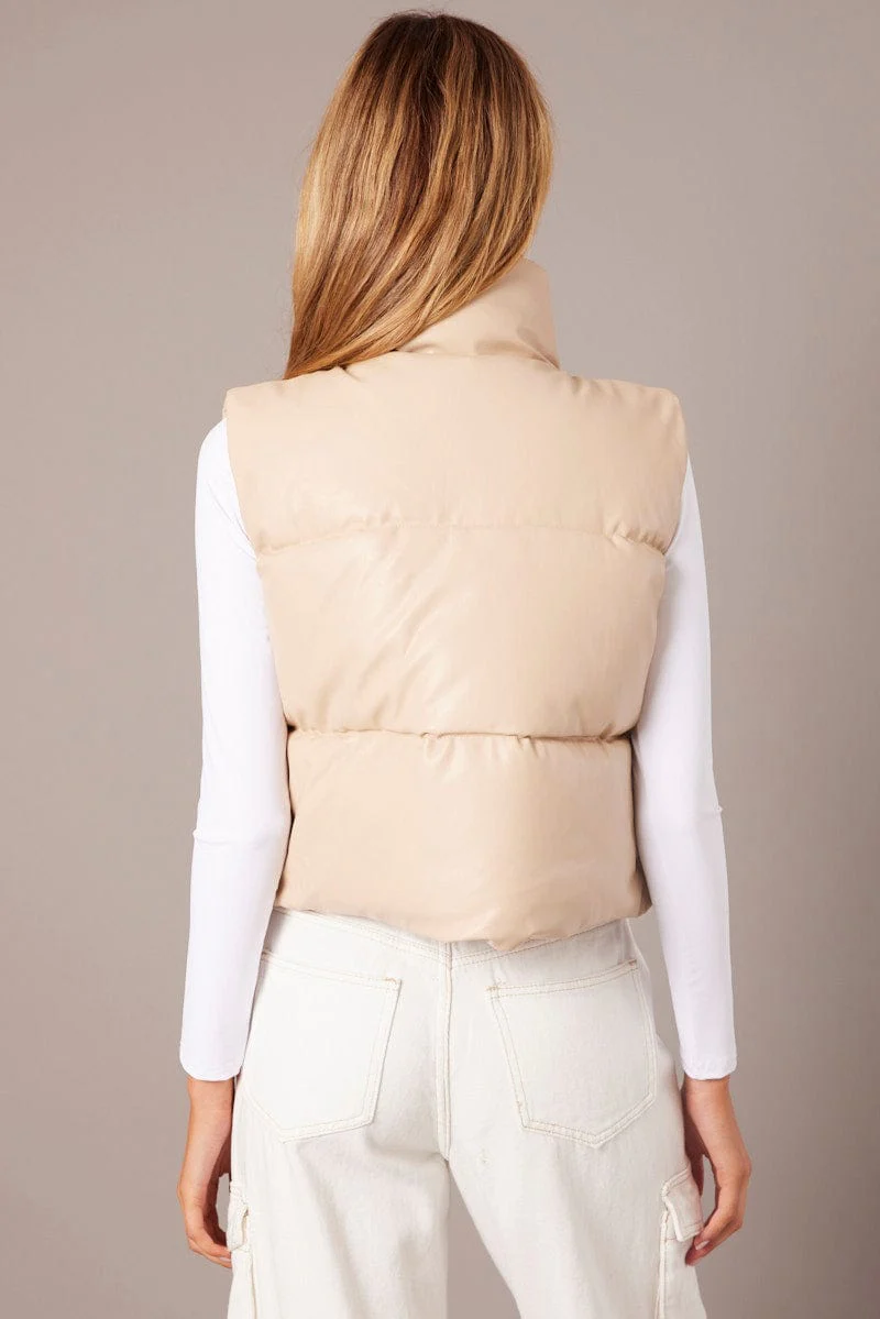 Camel Puffer Zip Sleeveless Faux Leather - Image 5