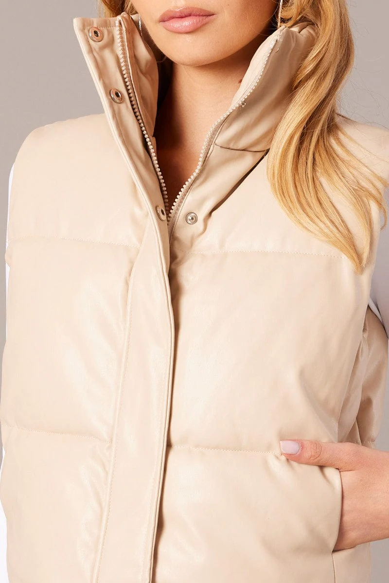 Camel Puffer Zip Sleeveless Faux Leather - Image 6