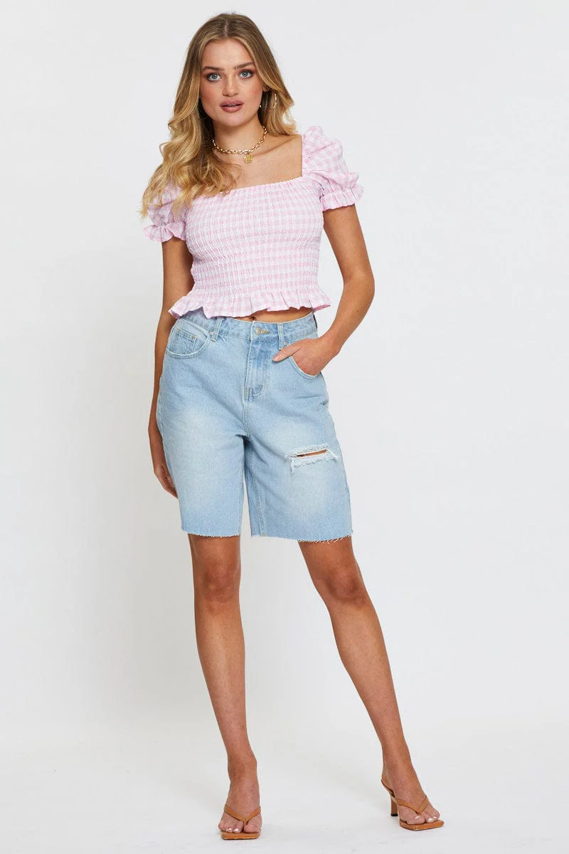 Check Crop T Shirt Short Sleeve Square Neck - Image 2
