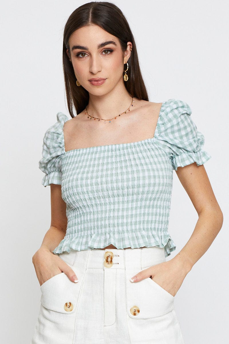 Check Crop T Shirt Short Sleeve Square Neck - Image 3