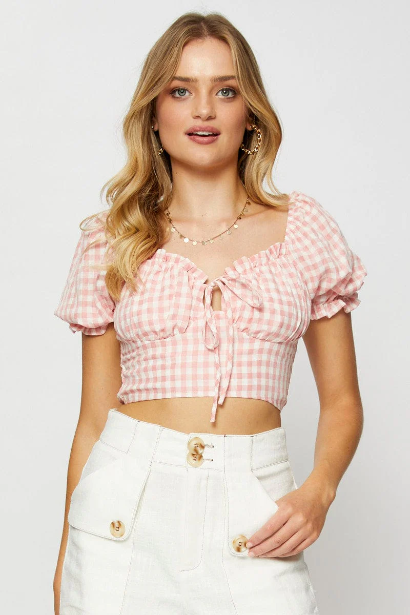 Check Crop Top Long Sleeve Sweetheart - Image 3
