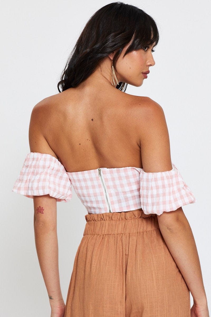 Check Crop Top Off Shoulder Short Sleeve - Image 5