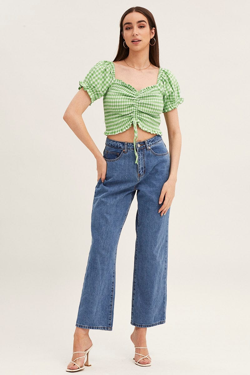 Check Crop Top Short Sleeve Ruched Front - Image 2