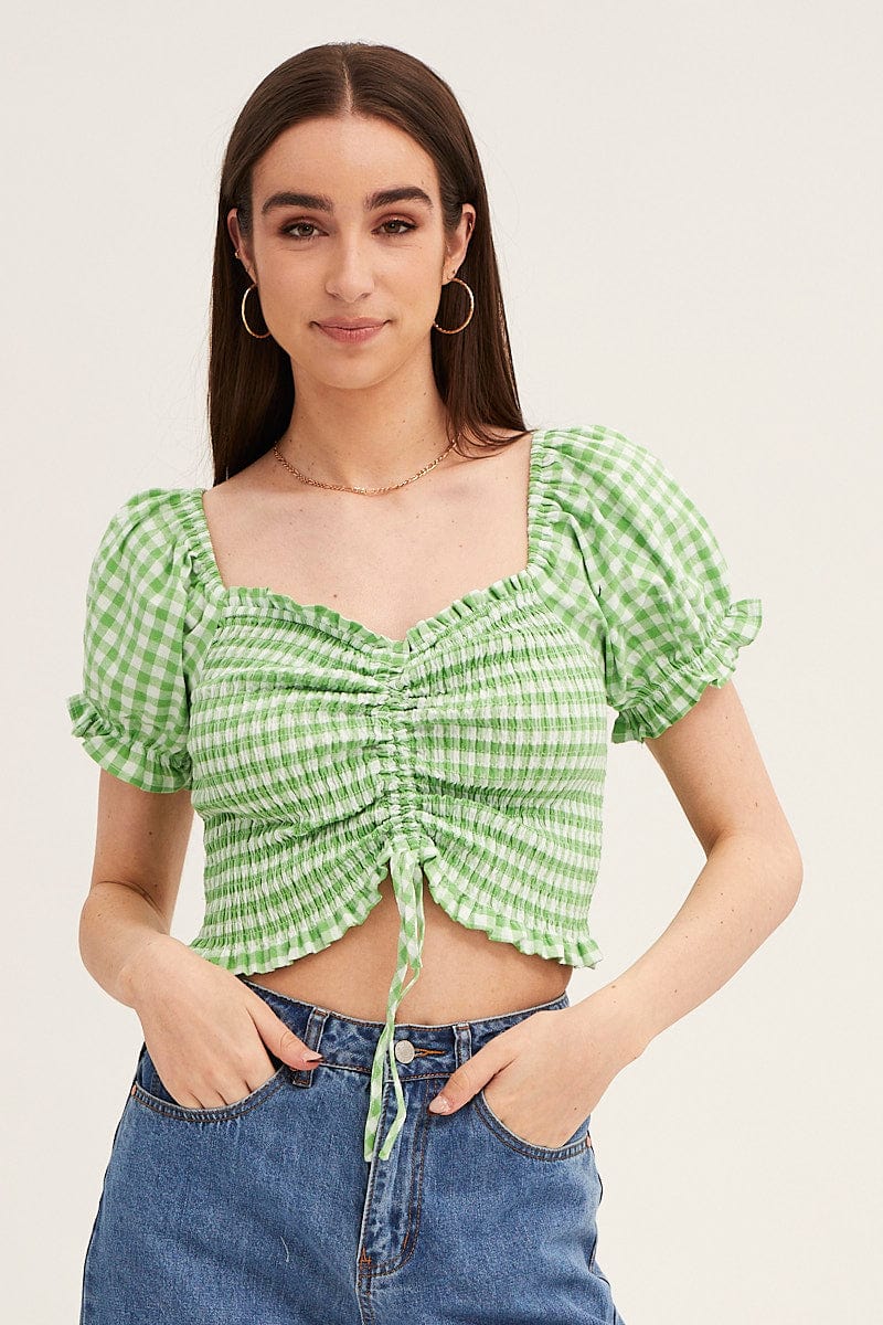 Check Crop Top Short Sleeve Ruched Front - Image 3