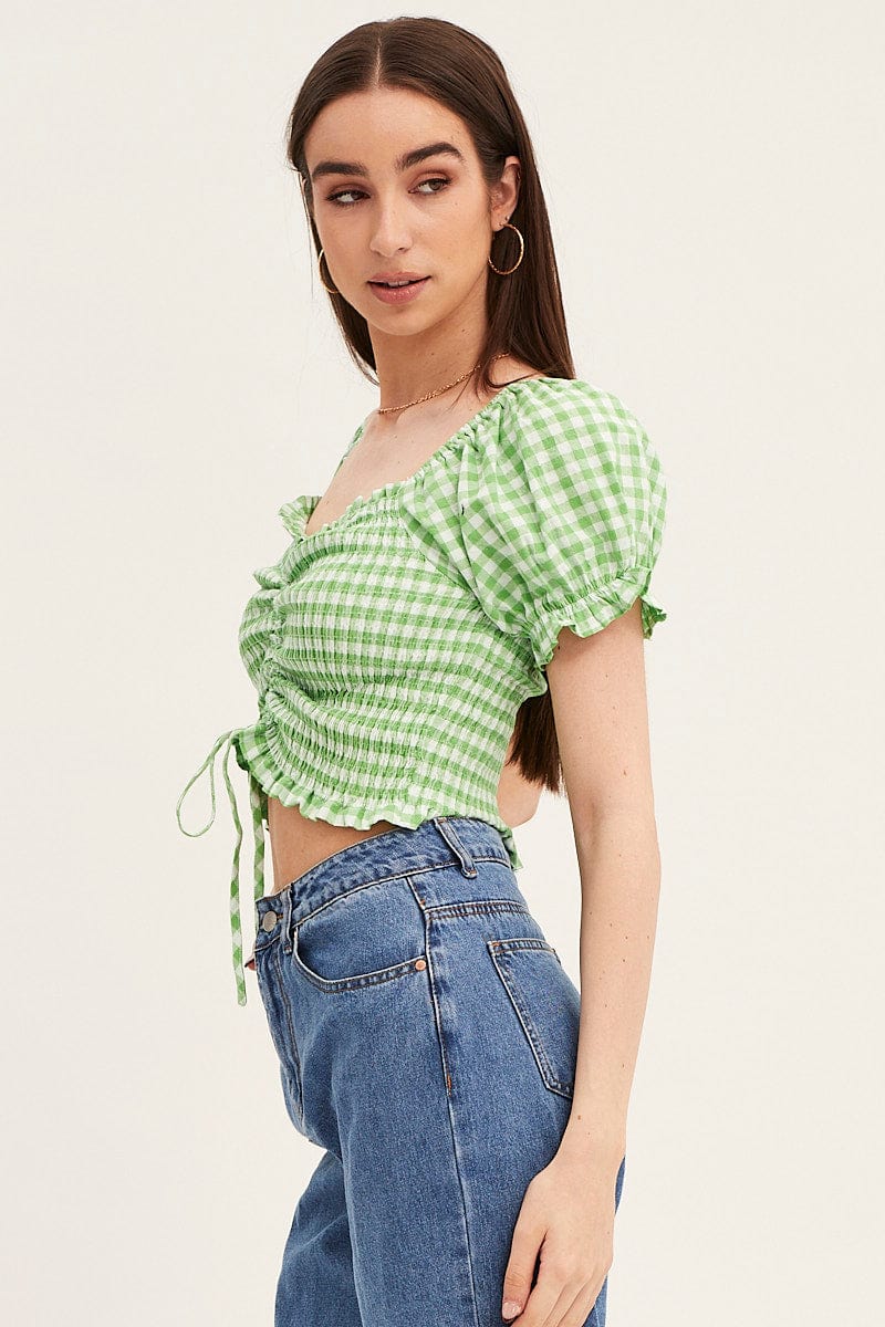Check Crop Top Short Sleeve Ruched Front - Image 4