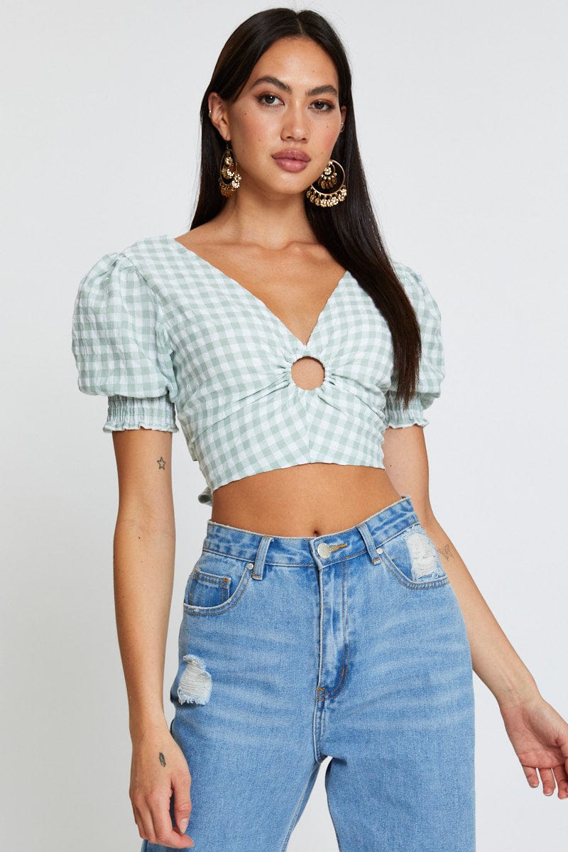 Check Crop Top Short Sleeve Square Neck - Image 3